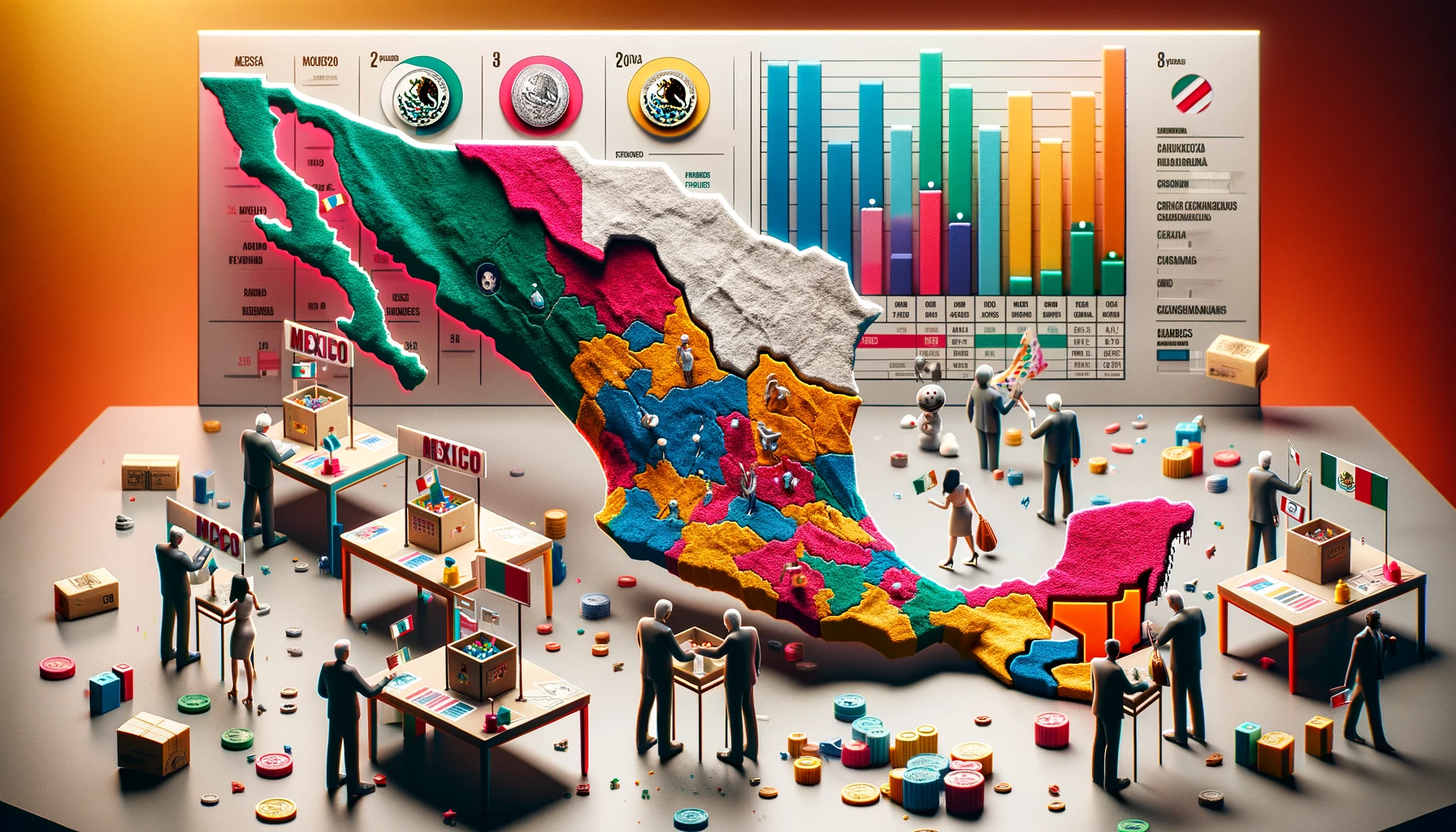 Una imagen que representa el proceso electoral 2024 en México, mostrando a personas votando en urnas, un mapa de México con diferentes colores para los resultados electorales, y gráficos de barras o pasteles indicando los resultados de las elecciones. También incluir elementos que representen el impacto en la economía, como gráficos de crecimiento económico y monedas mexicanas. El ambiente debe ser serio y profesional, con tonos que reflejen la importancia del evento.